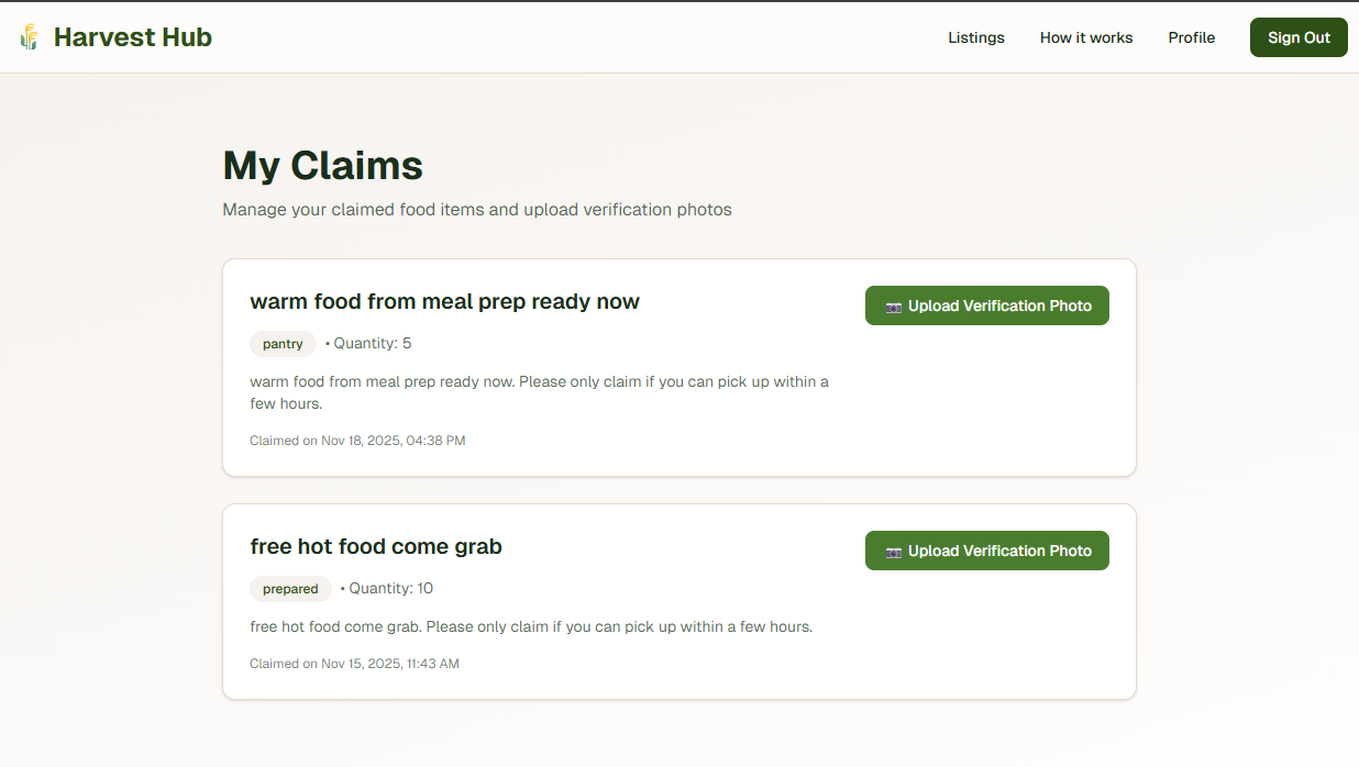 Harvest Hub verification state screenshot